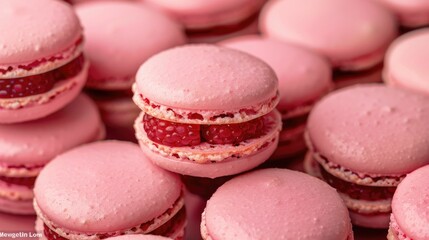 Fototapeta premium Vibrant raspberry macarons delicately stacked and arranged in a visually appealing display showcasing the and craftsmanship of these gourmet French confections