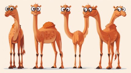 Naklejka premium A group of cartoon camels with glasses displaying various poses and expressions.