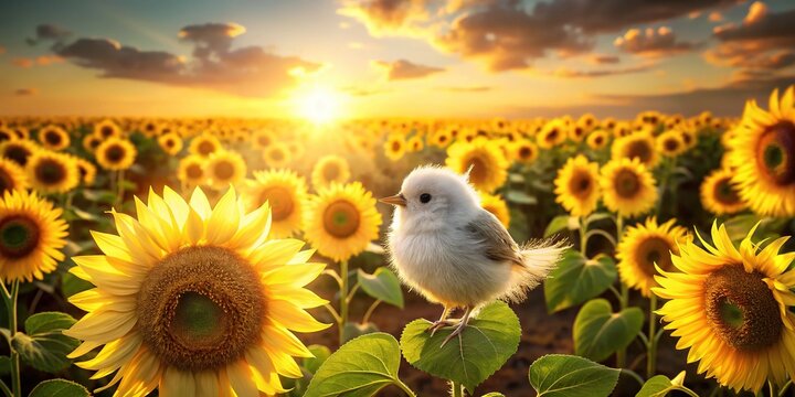 A soft illumination map envelops the nostalgic featherfin squeaker, a serene field of sunflowers gently swaying in the warm breeze.