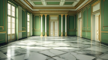 A grand, empty room with green walls, gold trim, and white marble floors. The room has large windows, a high ceiling, and a set of double doors.