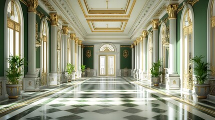 Fototapeta premium Luxurious hallway with green walls, white columns, and a checkered floor.