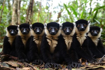 Fototapeta premium Seven black-and-white ruffed lemurs sit in a row, their distinctive faces and bright eyes focused intently on the camera in a lush forest setting.