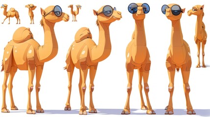 Naklejka premium A group of cartoon camels wearing sunglasses in various poses.
