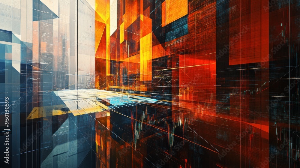 Poster abstract cityscape with vibrant geometric shapes and digital lines