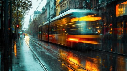Obraz premium A Blurry Tramcar Passing Through a Rainy City Street at Night