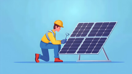 Solar Technician Inspecting and Maintaining Renewable Energy Solar Panels