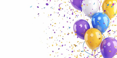 Air balloons Purple, yellow and blue simple birthday design, isolated on white background with festive confetti. with empty copy Space