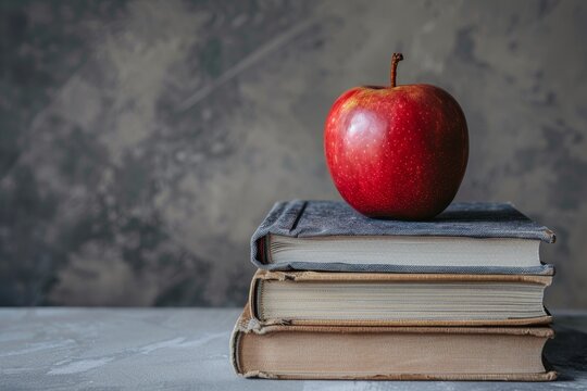 A neat stack of school textbooks with a shiny apple on top