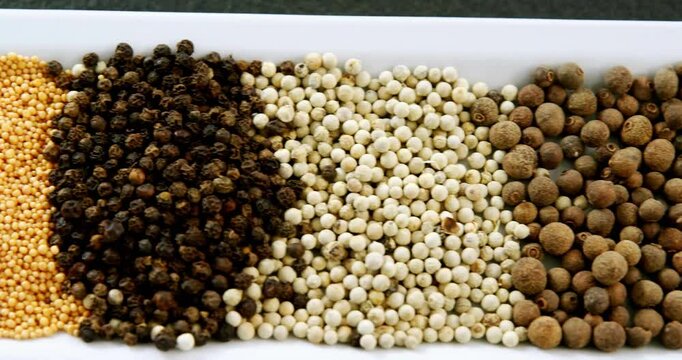 Various spices animation over white rectangular dish with different peppercorns