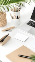 Creative Business Card Mockup Flat LayOffice Supplies on White Desk