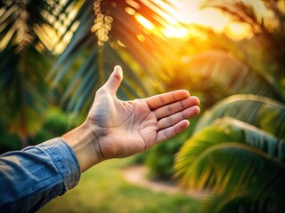 A solitary outstretched hand extends into the frame, palm up and fingers curled, inviting connection, help, or gift-giving, against a blurred, soft-focused background.