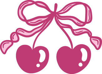 Charming vector illustration of two cherries tied together with a decorative ribbon bow. Hand drawn fruit. Coquette aesthetic.
