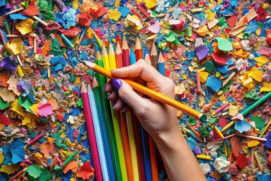 A solitary left hand holds a colorful pencil, surrounded by scattered paper scraps and creative tools, celebrating individuality and artistic expression.