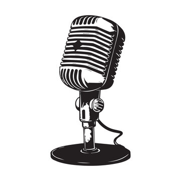 recommend clip art: Hand-Drawn Vintage Microphone Vector Illustration in Black and White Engraved Style