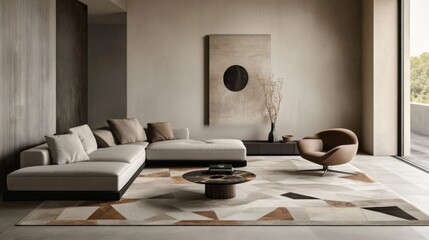 A contemporary living room with minimalist furniture, including a sleek sofa and a geometric rug, set against a neutral wall with decorative accents.