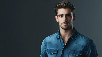 Fototapeta premium Handsome businessman in a denim shirt, showcasing confidence and style in a minimalist gray backdrop.