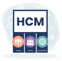 HCM - Human Capital Management acronym. business concept background. Vector illustration for website banner, marketing materials, business presentation, online advertising