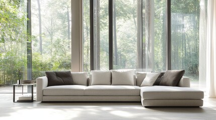 A contemporary sofa in a brightly lit room with large windows, showcasing its sleek design and soft upholstery with a clean, white background.