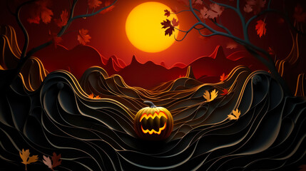 Terrifying red night with ominous pumpkins under a blood-red full moon, crafted in haunting papercraft style