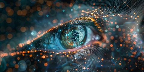 Eye with digital connections on top for facial biometricapping or advanced AI technology