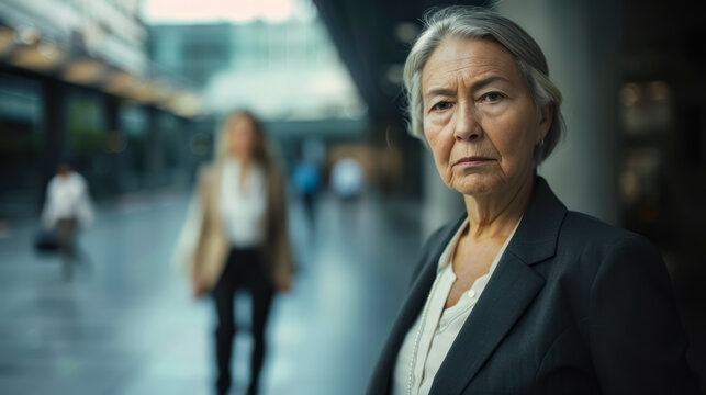 An elderly woman in formal business attire stands confidently in the foreground, with a blurred younger person in the background, highlighting the generational contrast in a modern business setting