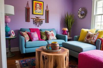 Eclectic Home Lounge Decor with Reclaimed Live Edge Wooden Accent Table and Lavender Wall Aesthetic