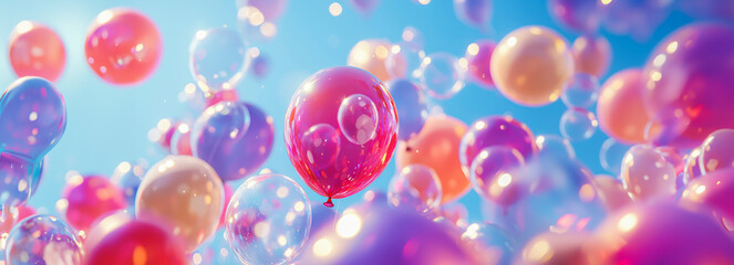 Dreamy Balloon Delights A Rainbow Fantasy of Clear and Lifelike Balloons Floating in a Blue Sky Setting