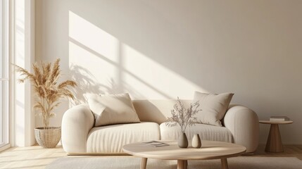 A cozy minimalist living room with a neutral sofa, a simple coffee table, and a few carefully chosen decorative accents, set in a light-filled space.