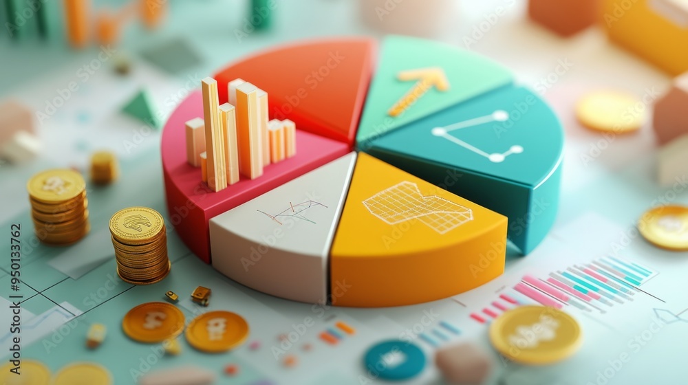 Leinwandbilder A creative 3D pie chart with segments represented by different objects (e.g., coins, graphs, icons), symbolizing the diversity of data sources in a financial report.