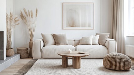 A cozy minimalist living room with a neutral sofa, a simple coffee table, and a few carefully chosen decorative accents, set in a light-filled space.