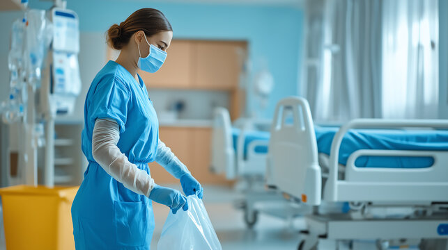 Healthcare worker in PPE cleaning a hospital room and disposing of medical waste