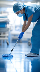 Healthcare worker in PPE mopping hospital floor to maintain cleanliness and safety