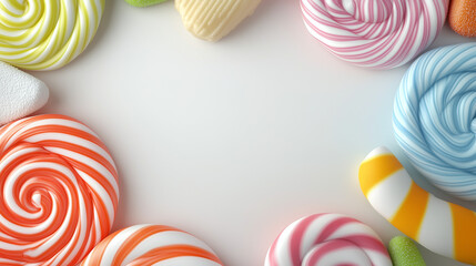 Sweet Celebrations Frame: A vibrant assortment of colorful lollipops and candies creates a cheerful and inviting frame on a clean white background.  