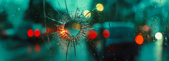 Broken Glass Intense Police Encounter with Bullet Hole and Flashing Lights