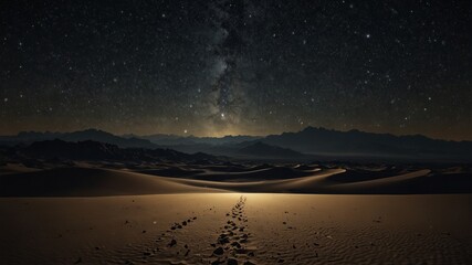 A night sky filled with stars and the Milky Way illuminates a desert landscape with a single set of footprints leading into the distance