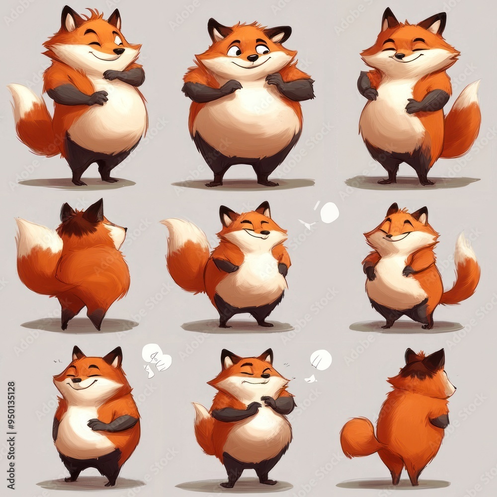 Wall mural A cute, cartoonish fox character displayed in various poses and expressions.