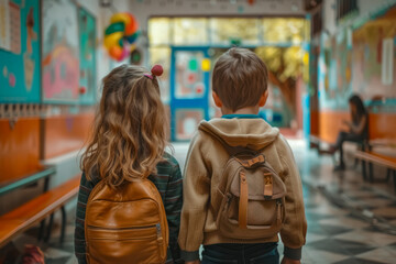Obraz premium A boy and a girl holding hands while leaving school together