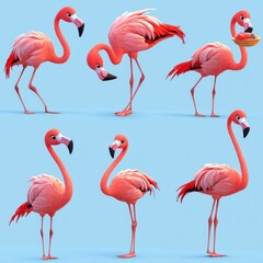 Obraz premium A collection of animated flamingos in various poses and expressions.