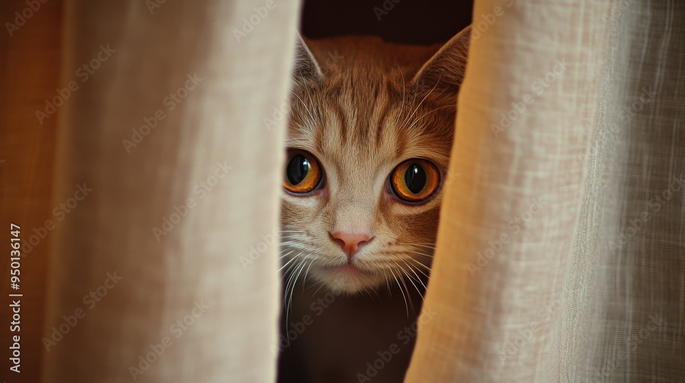 Poster A delightful image of a cat peeking out from behind a curtain, with just its adorable face and curious eyes visible, creating a sense of playful mischief.