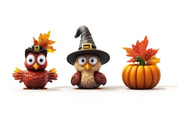 a set of d vector icons featuring a smiling cartoon turkey, a pilgrim hat, a pumpkin, and a few fall leaves, all in a row and colorful