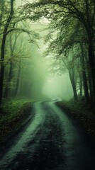 Obraz premium Mysterious Forest Road in Morning Fog, Journey into the Unknown, Serene Nature Scene