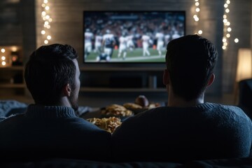 Fototapeta premium Football Game and Feast: A group of friends or family members gathered in a living room, cheering for their favorite team on TV while enjoying snacks like turkey sandwiches, chips, and drinks. The roo
