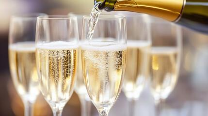 Close-Up Pouring Champagne into Glasses. Close-up of champagne pouring into glasses, ideal for celebrations.