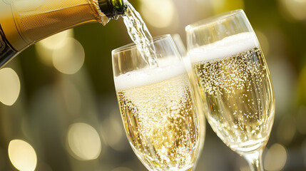 Close-Up Pouring Champagne Festive Celebration. Close-up of champagne being poured into flutes, ideal for celebrations and festive events.