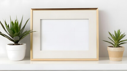 a picture frame sitting on top of a white shelf next to a potted plant