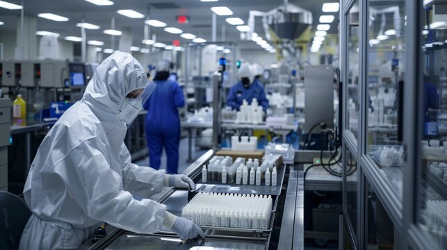 Workers on a pharmaceutical production line