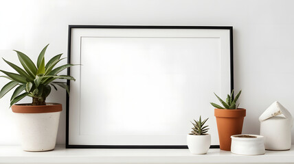 Fototapeta premium a picture frame sitting on top of a white shelf next to a potted plant