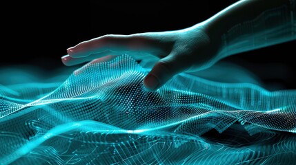A hand casting a shadow over a mesh of flowing data lines, where the touch triggers a ripple effect across a network illustrated in luminescent blue on a dark canvas.