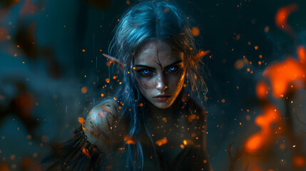 A mysterious female elf warrior with a scar on her forehead.