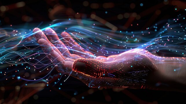 A hand immersed in a flowing stream of glowing digital information, with data lines converging on the palm, illustrating control and navigation within a virtual data environment.